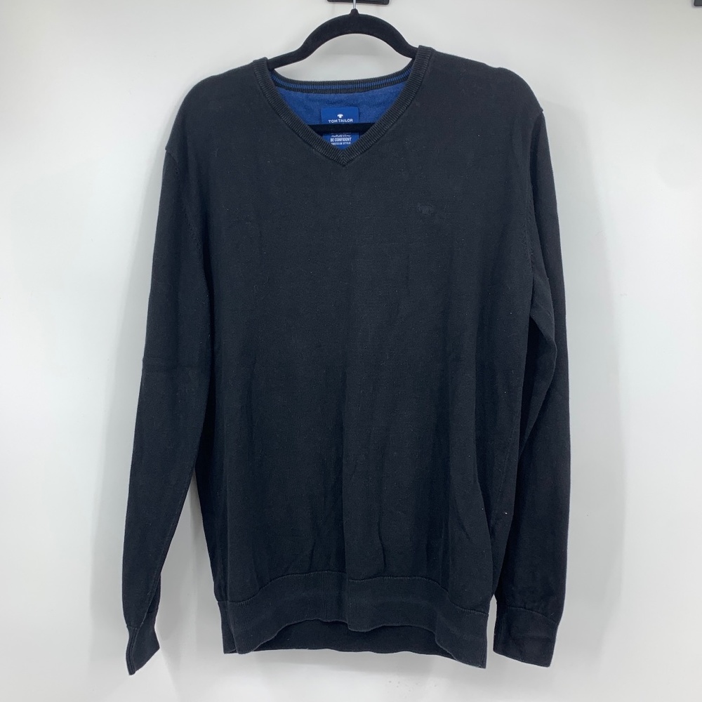 Tom‎ Tailor XL Pullover V-neck Sweater Black Cotton Business Casual Preppy
